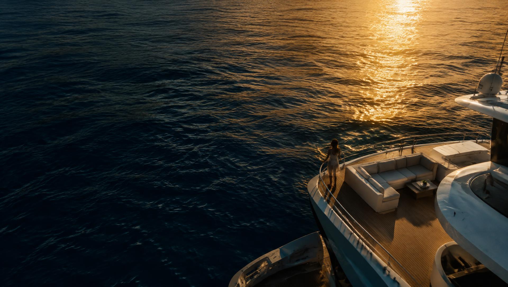Mega-yacht crossing sunlit turquoise sea at golden hour